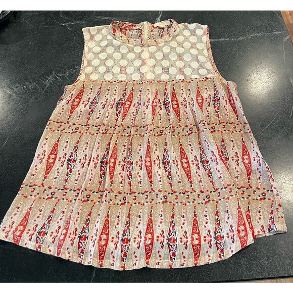 Tulle short sleeved top Medium Tan/Navy/Red colors beautiful tulle insert - Picture 6 of 14